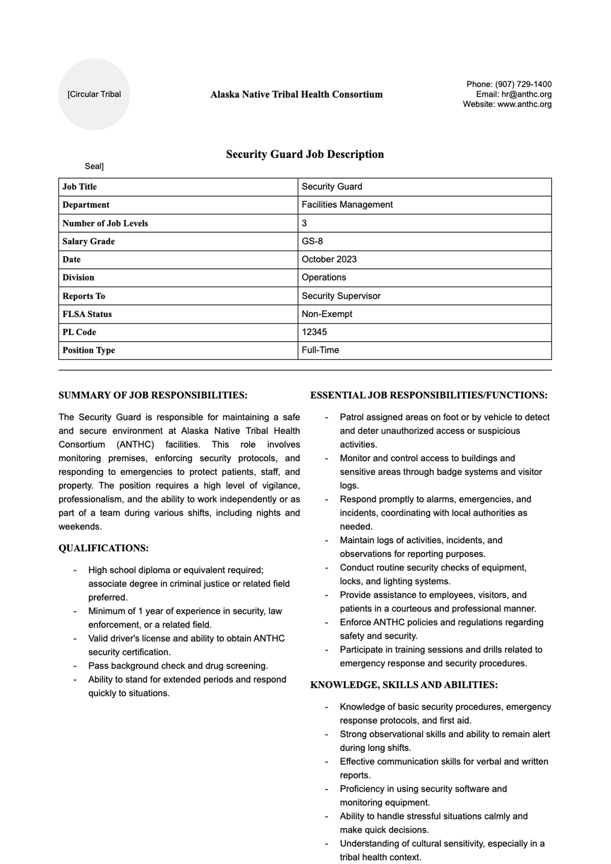 Alaska Native Tribal Health Consortium Security Guard II job description with qualifications and_variant_1